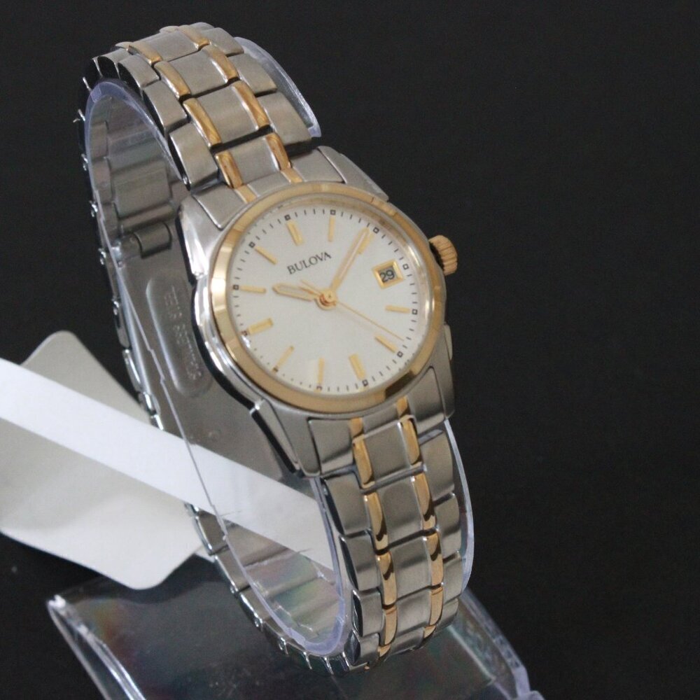 Bulova Women's Quartz Watch Two-Tone Case Silver Sunray Dial Date 26mm - Picture 2 of 13